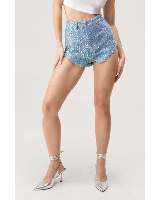 Nasty Gal Blue Sequin High Waist Denim Micro Shorts