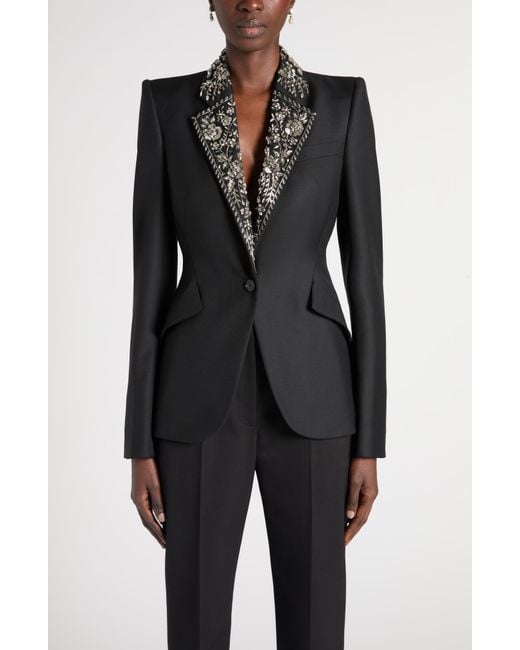 McQueen Black Embroidered Lapel Single-Breasted Wool Jacket