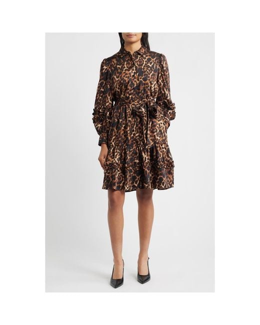 Anne Klein Brown Leopard Tie Waist Long Sleeve Shirtdress