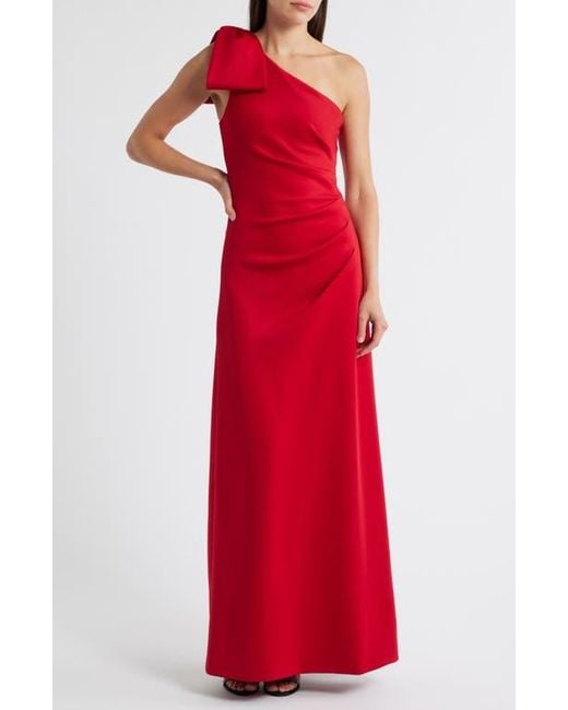 Black Halo Red Zyra Bow Shoulder Ruched Gown