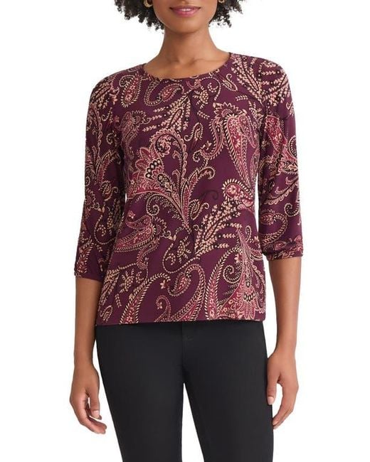 Jones New York Red Paisley Print Puff Sleeve Top