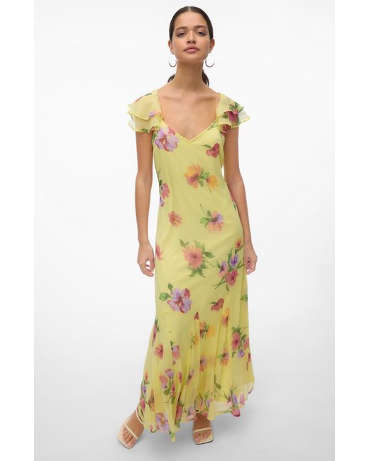 Vero Moda Yellow Smilla Floral Print Ruffle Dress