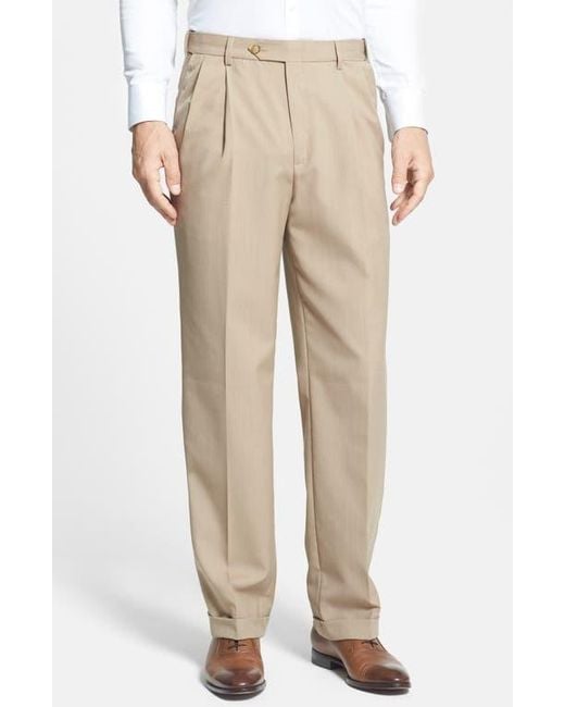 Berle Natural Self Sizer Waist Plain Weave Pleated Washable Trousers for men