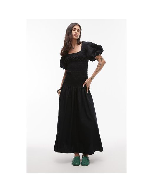 TOPSHOP Women's Black Puff Sleeve Square Neck Shirred Midi Dress