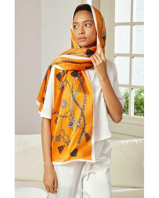 SILKSILKY Silk Printed Rectangular Long Stole Scarf in Orange | Lyst