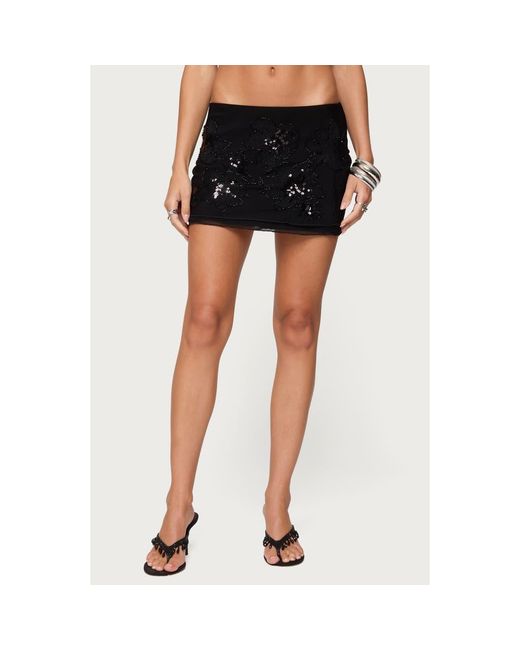 Edikted Black Steffie Sequin Beaded Low Rise Miniskirt