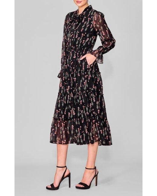 MELLODAY Black Tie Front Long Sleeve Tiered Midi Dress