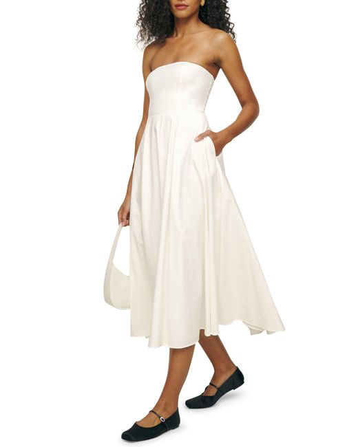 Reformation White Astoria Strapless Stretch Midi Dress