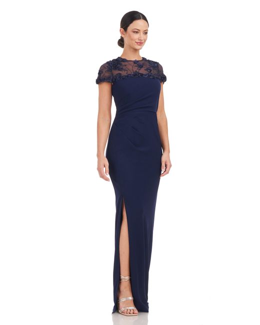 JS Collections Blue Laney Rosette Embroidered Mesh Yoke Sheath Gown