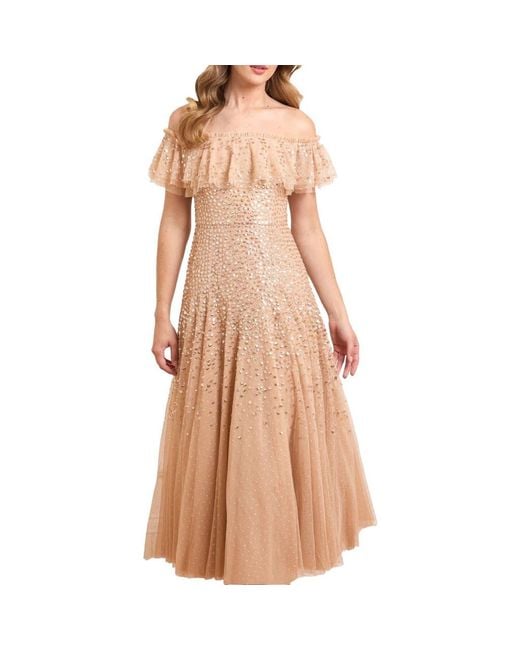 Needle & Thread Brown Dappled Sequin Off-Shoulder Ankle Gown