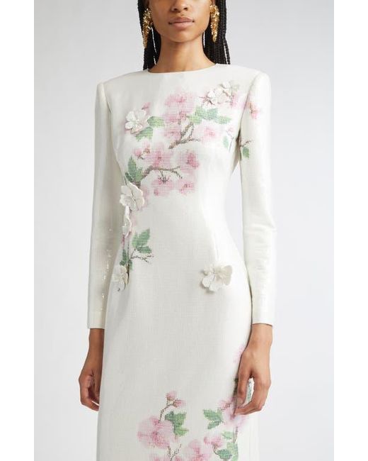 Oscar de la Renta White Cherry Blossom Long Sleeve Sequin Jersey Column Gown