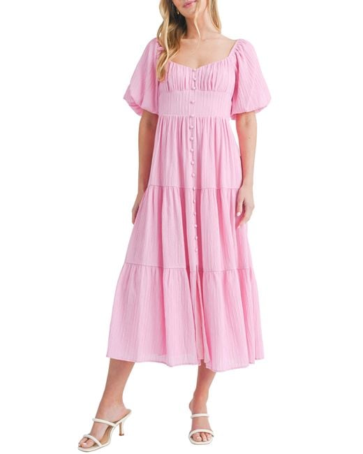 All In Favor Pink Puff Sleeve Tiered Midi Dress In At Nordstrom, Size Medium