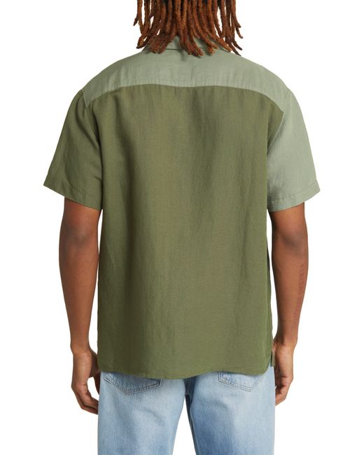 RVCA Green Vacancy Colorblock Short Sleeve Linen Blend Button-up Shirt for men