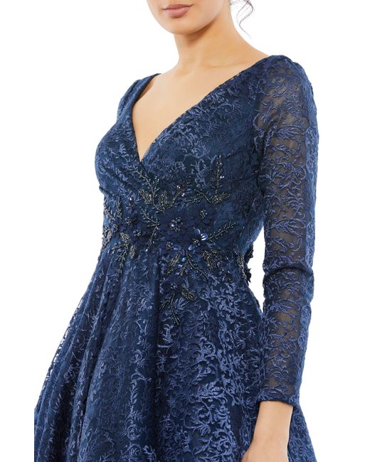Mac Duggal Blue Lace Long Sleeve Fit & Flare Cocktail Dress