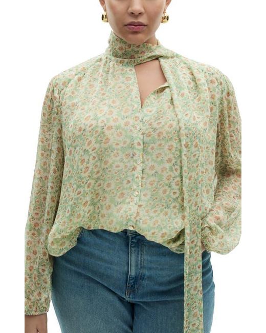 Mango Gray Belle Floral Chiffon Tie Neck Top