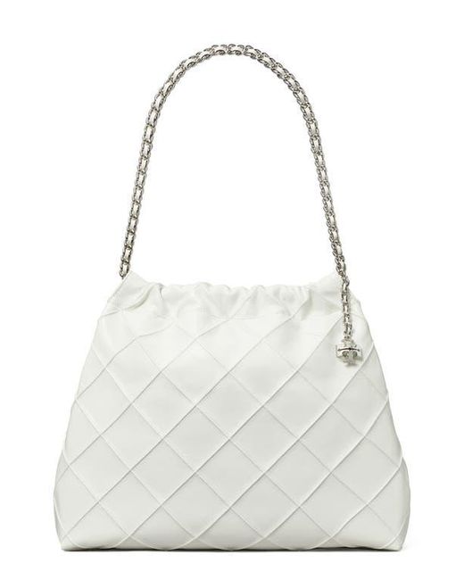 Tory Burch White Fleming Distressed Quilted Leather Hobo Bag