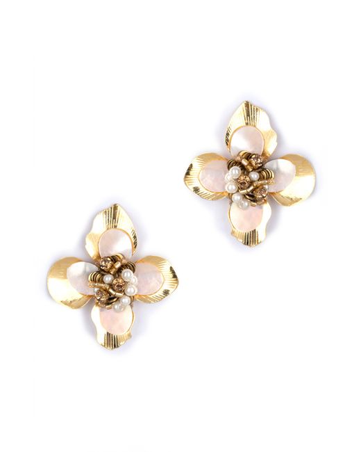 Deepa Gurnani White Azura Imitation Pearl Beaded Floral Stud Earrings
