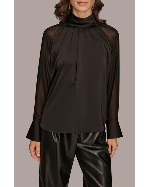Donna Karan Black Pleated Sheer Sleeve Top