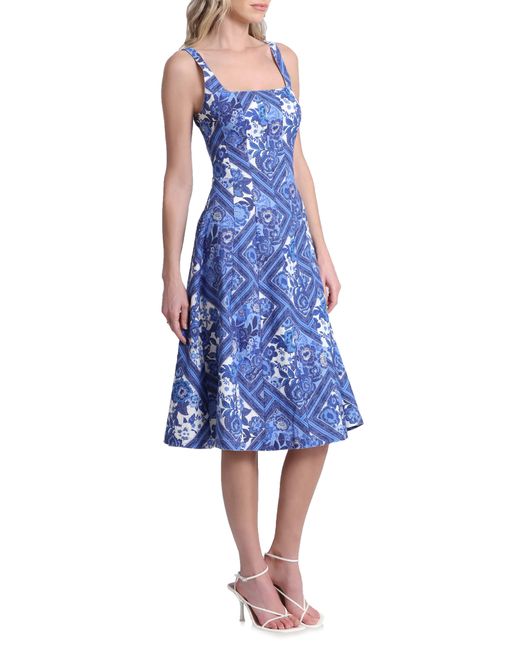Avec Les Filles Blue Floral Linen Blend Fit & Flare Midi Dress