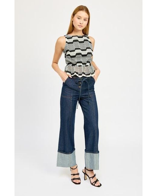 En Saison Blue Genesis Stripe Open Stitch Sleeveless Peplum Sweater