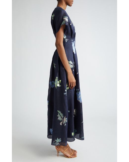 Lela Rose Blue Floral Pleated Metallic Gingham Linen & Silk Blend Dress
