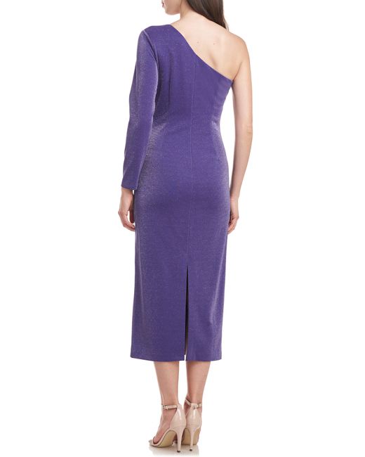 JS Collections Purple Maddie Metallic One-shoulder Single Long Sleeve Cocktail Midi Dress