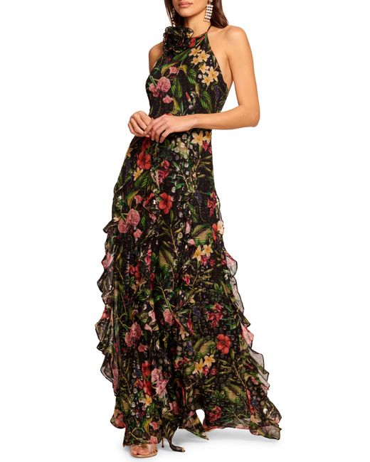 Ramy Brook Multicolor Idella Metallic Floral Halter Neck Gown