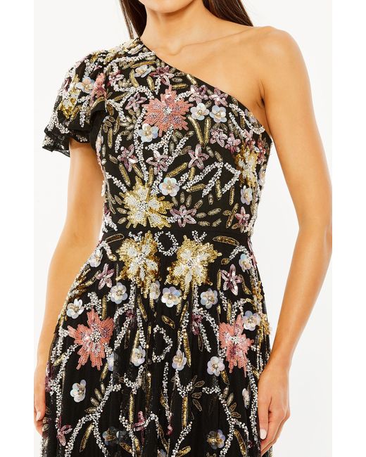 Mac Duggal Black Sequin Floral One-shoulder Mesh A-line Gown