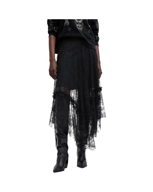 AllSaints Black Josie Asymmetric Tiered Lace Midi Skirt