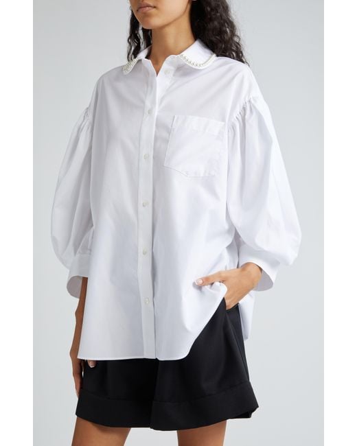 Simone Rocha White Imitation Pearl Trim Oversize Cotton Poplin Button-up Shirt