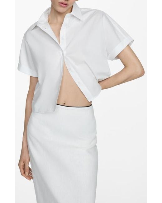 Mango White Crop Cotton Poplin Button-Up Shirt