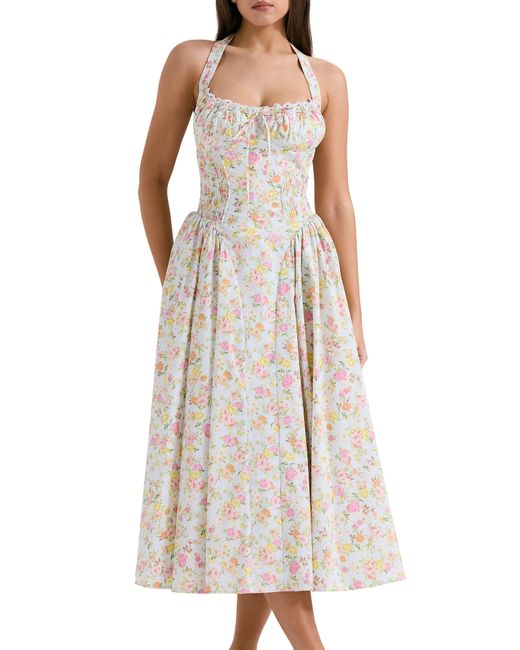 House Of Cb Natural Adabella Floral Pleated Halter Sundress