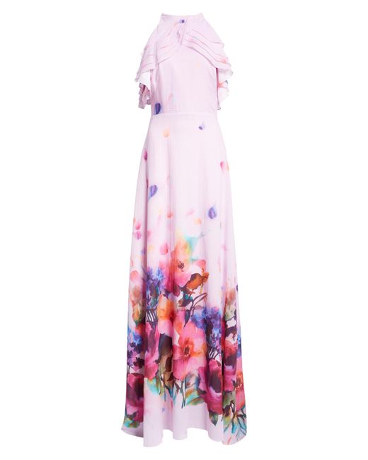Lela Rose Red Watercolor Floral Print Ruffle Cotton Voile Gown