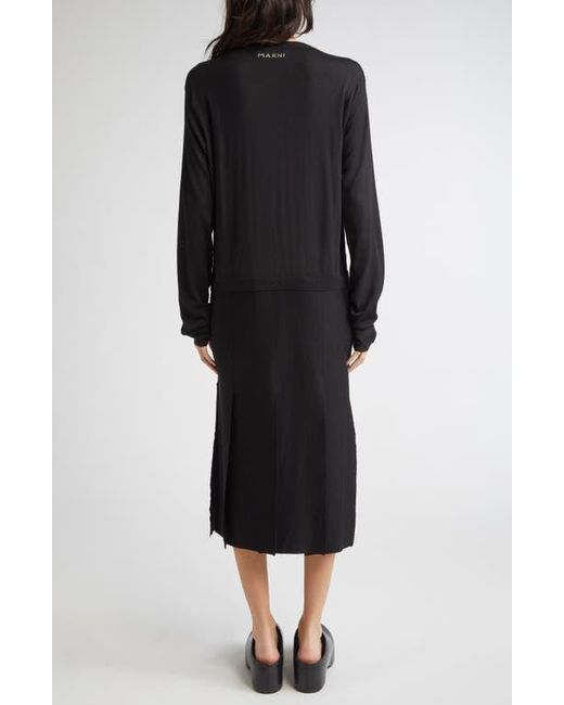 Marni Black Rose Appliqué Long Sleeve Virgin Wool & Silk Sweater Dress