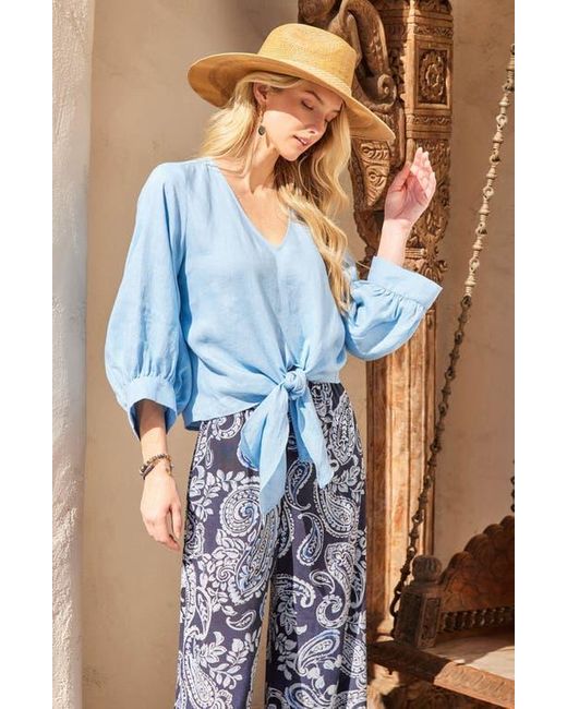 Karen Kane Blue Tie Front Linen Top