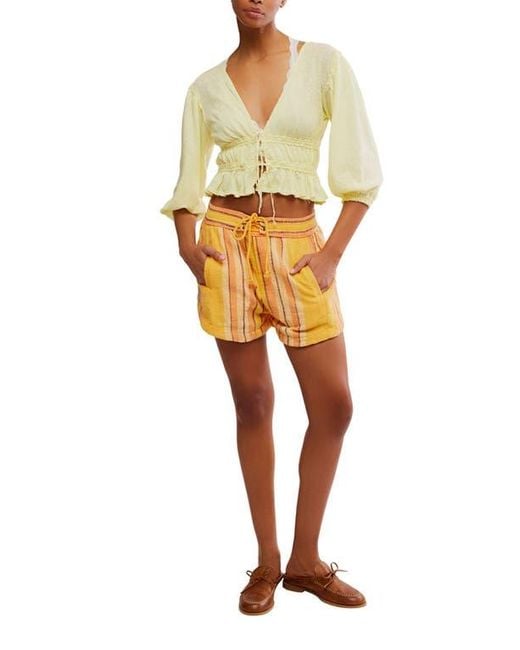 Free People Yellow Let's Go Tie Front Linen & Cotton Top
