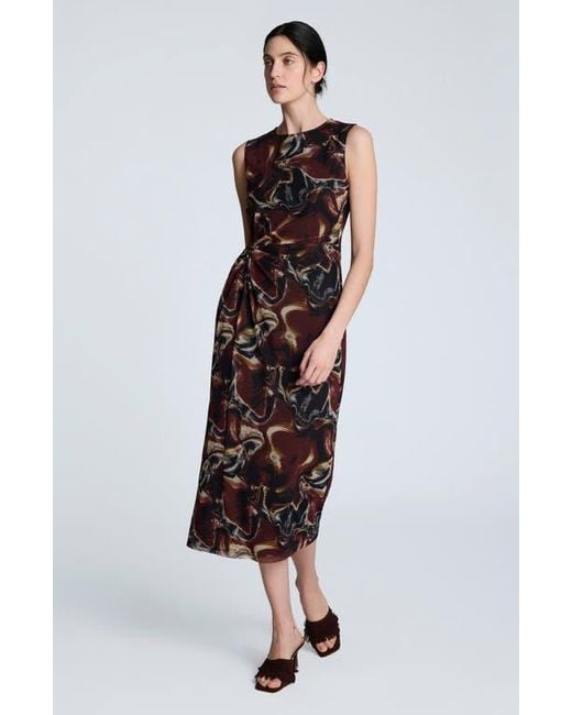 Kenneth Cole Black Abstract Print Side Ruched Midi Dress