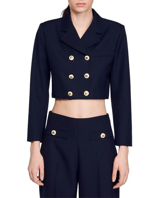 Sandro Blue Ales Double-breasted Wool Blend Crop Blazer