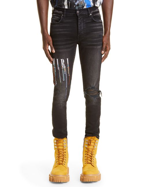 Amiri Paint Drip Logo Ripped Skinny Jeans in Black for Men Lyst