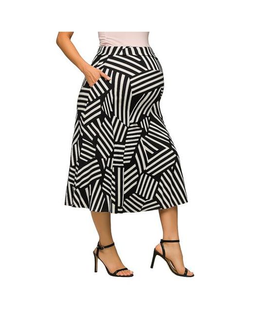 24seven Comfort Apparel Black Maternity Geometric Print Elastic Waist Pocket Midi Skirt