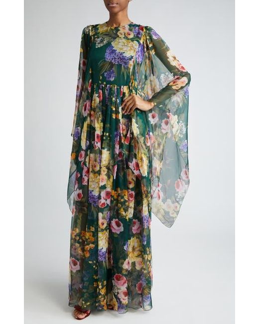 Dolce & Gabbana Women's Blue Garden Floral Print Long Sleeve Silk Chiffon  Maxi Dress