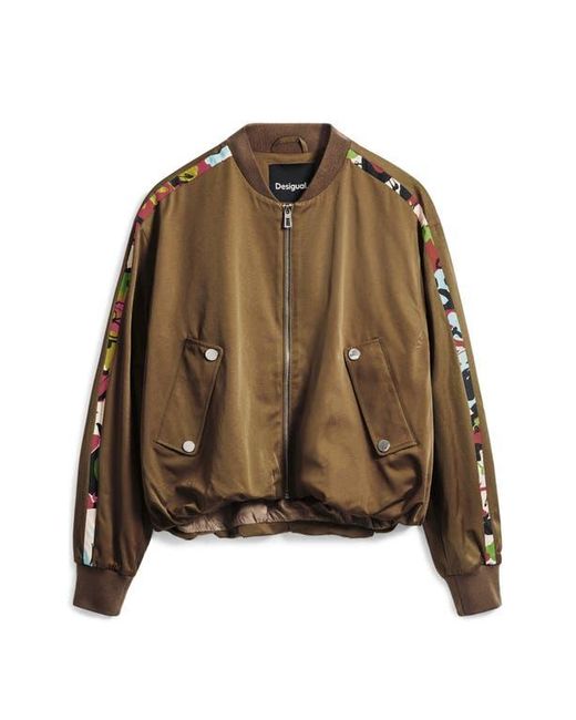 Desigual Brown Contrast Sleeve Stripe Cotton Blend Bomber Jacket