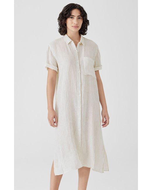 Eileen Fisher White Classic Collar Stripe Organic Linen Shirtdress