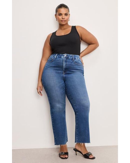 GOOD AMERICAN Blue Soft Tech Good Legs Raw Hem Crop Mini Bootcut Jeans