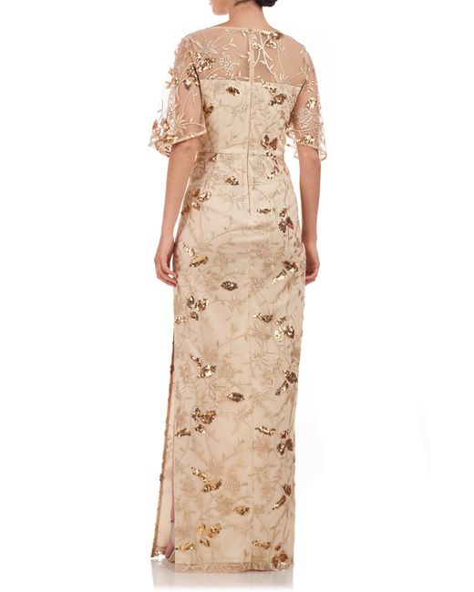 JS Collections Natural Daphne Embroidered Sequin Column Gown