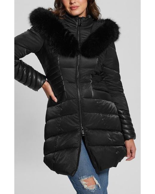 Guess Black New Oxana Mixed Media Puffer Coat