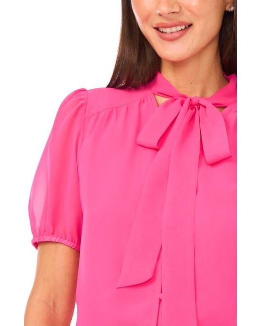 Cece Pink Puff Sleeve Tie Neck Top