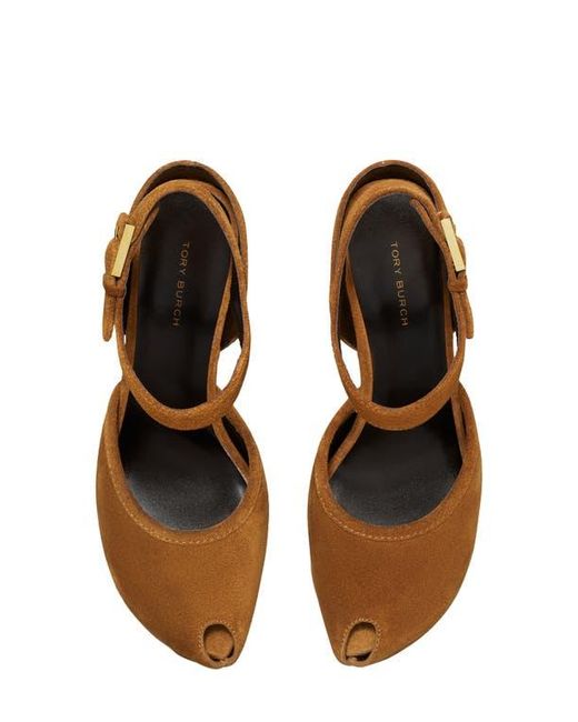 Tory Burch Brown Ankle Strap Peep Toe Platform Pump