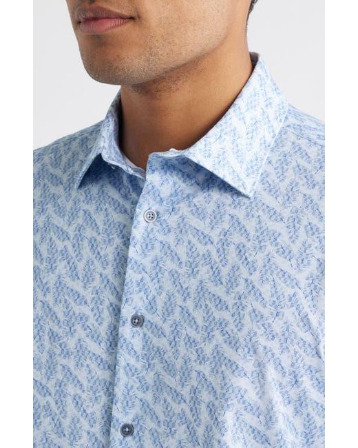 Bugatchi Blue James Ooohcotton Feather Print Button-Up Shirt for men