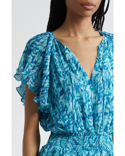 Ramy Brook Blue Felicia Plissé Flutter Sleeve Minidress